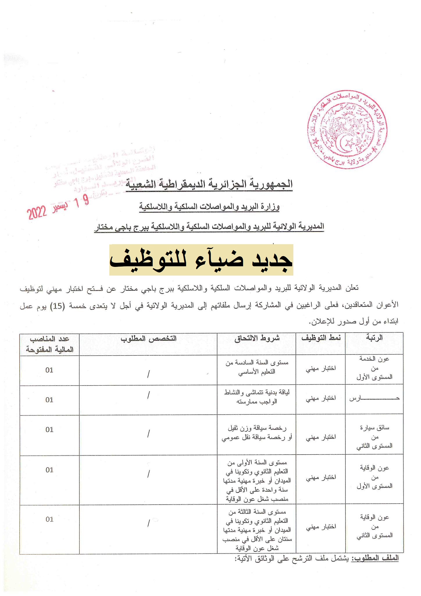 اعلان توظيف بولاية برج باجي مختار اعلان عن توظيف بمديرية البريد والمواصلات السلكية واللاسلكية لولاية برج باجي مختار