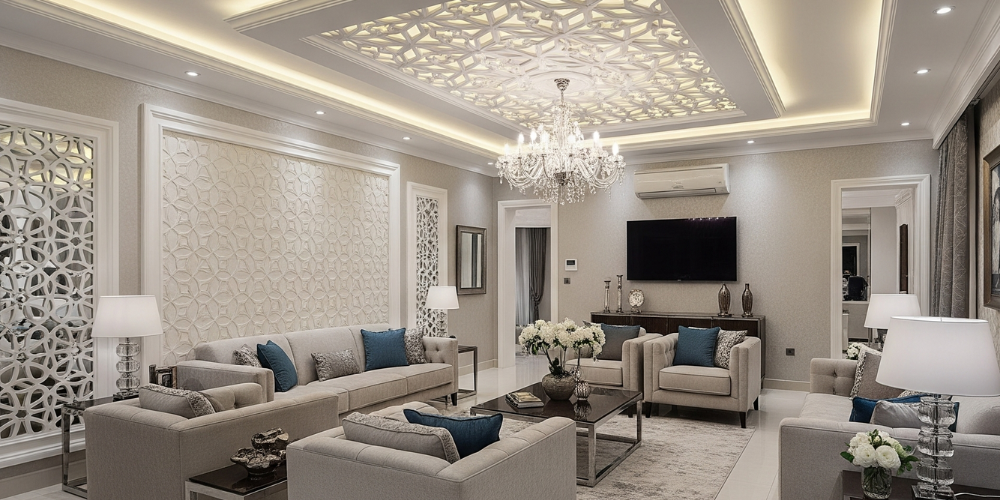 ديكورات وتشطيبات فنية أنيقة في غرفة معيشة عربية حديثة بمدينة الخرج، بأسقف جبسية وورق جدران ثلاثي الأبعاد