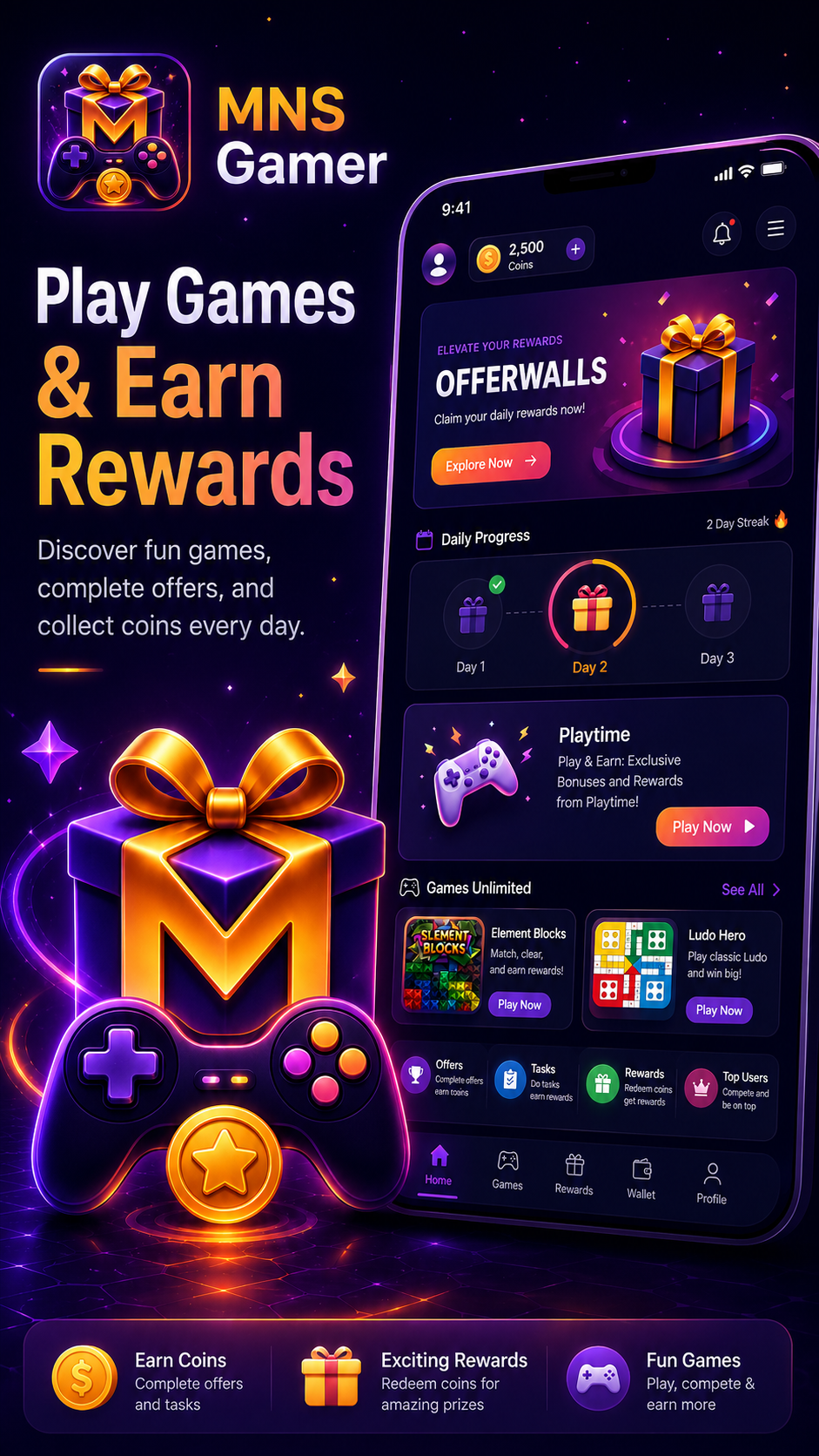 Play games earn coins interface